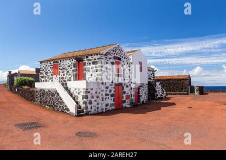 Weiß bemalte Häuser im Dorf Lajido auf der Pico-Insel auf den Azoren, Portugal. Stockfoto