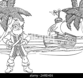 Pirate Kapitän Ship Cartoon Coloring Background Stock Vektor