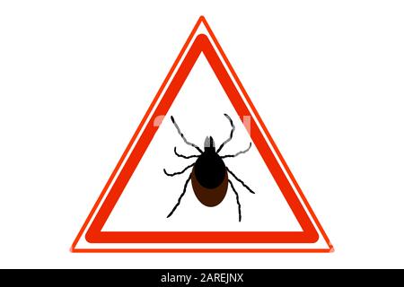 Warnschild für gefährlichen Teilchenparasit. Mite Warnzeichen.Tick-Vektorsymbol isoliert auf weißem Hintergrund. Anti-Bug-Vektorsymbol.Parasit der menschlichen Milbe Stock Vektor