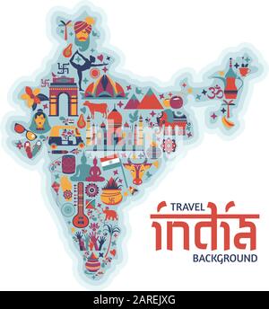 Traditionelle Symbole in Form einer Karte Indiens auf Blau Stock Vektor