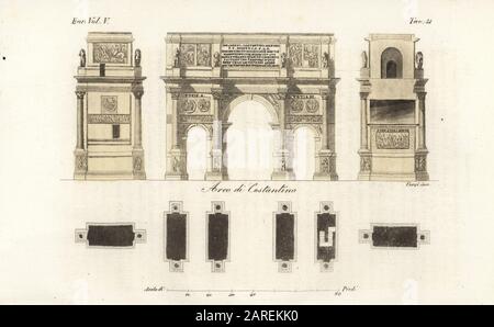 Plan und Erhebungen des Konstantinsbogens, Rom, eines Triumphbogens, der zum Gedenken an den Sieg Kaiser Konstantins I. über Maxentius errichtet wurde. Arco di Costantino. Handfarbige Kupferstichgravur von Corsi aus Giulio Ferrarios Kostümen Alt und Modern der Völker der Welt, Il Costume Antico e Moderno, Florenz, 1843. Stockfoto