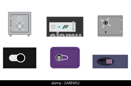 Sammlung von Safe aus Stahl mit Code und Schlüssel. Vector Safe mit Sicherheitskombination, Schließfach, Illustration Hotel vertraulich Strongbo Stock Vektor