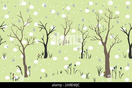 Bäume. Der erste Schnee. Winter Weihnachten Landschaft Hintergrund mit Bäumen, Schnee, Schneeflocken. Hand gezeichnet. Vector Illustration. Urlaub Karte. Für Karten Stock Vektor