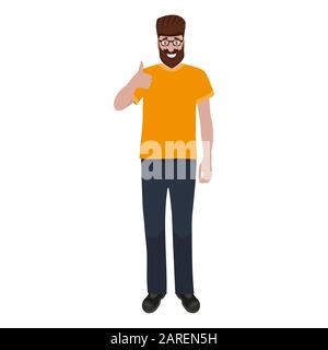 Der Mann mit Bart zeigt einen Daumen nach oben wie ein Schild. Cartoon-Vektor-Illustration, flaches Design Stock Vektor