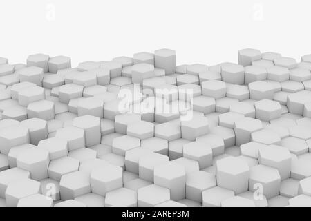 Weiße Wabenwand. Chaotische Cubes Wandhintergrund. Panorama mit hochauflösendem Hintergrundbild. 3D-Renderdarstellung Stockfoto