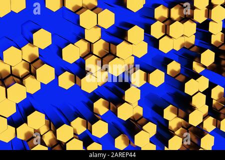 Goldene Wabenwand. Chaotische Cubes Wandhintergrund. 3D-Rendering Stockfoto