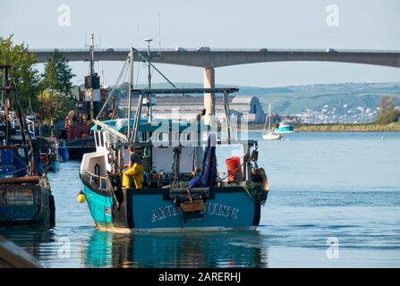 Fischerboote am Ufer des Flusses Torridge am Kai von Bideford, mit der Torridge-Brücke im Hintergrund, South West, North Devon, Großbritannien Stockfoto