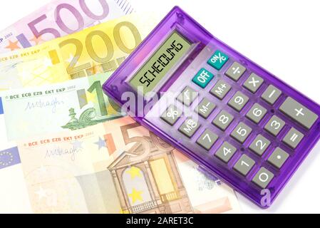 Euro-Banknoten, ein Rechner und die Scheidung Stockfoto
