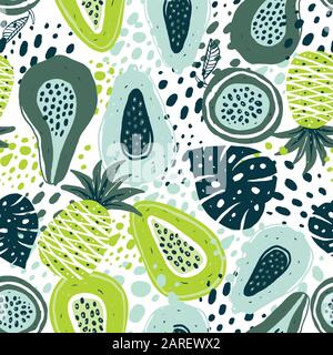 Nahtlose Muster mit Kreativen moderne Früchte. Hand trendy Hintergrund dargestellt. Stock Vektor