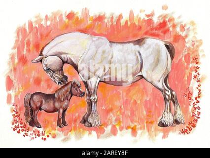 Horses in Love. Draft-Pferd und Pony-Illustration. Acrylbemalung. Stockfoto