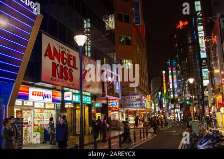 Tokio Akihabara ist das beliebteste Gebiet für Fans von Anime, Mangas und Spielen im Nachtleben der Metropole Tokio auf den Straßen Japans Stockfoto