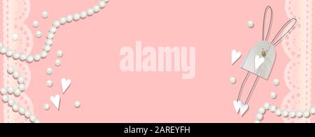 Frohe Ostern. Grußkarte mit Hase. Osterhintergrund ohne Text. Spitze und rosa Farbe. Niedliche Vektorgrafiken. Ein Ort für Ihren Text. Stock Vektor