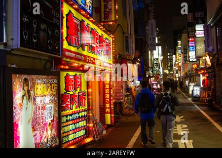 Tokio Akihabara ist das beliebteste Gebiet für Fans von Anime, Mangas und Spielen im Nachtleben der Metropole Tokio auf den Straßen Japans Stockfoto