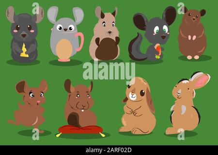 Wilde Nagetier-Set, Chipmunk, Chinchilla, Hamster, Squirrel, Rabbit, Cavy Vector Illustration Stock Vektor