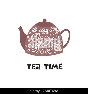Teestunde. Teekanne mit floralen Elementen. Restaurant-Menü oder Einladung. Vektorgrafiken Stock Vektor