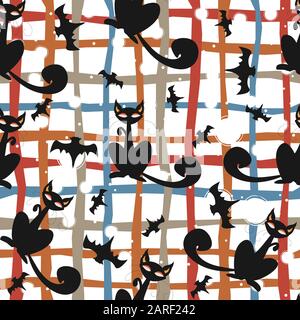 Nahtlose Muster von Halloween Katzen und Fledermäuse in Schwarz, traditionelle orange Hintergrund. Gut für Textildruck, Web, Papier, Verpackungen, Textilien, Hintergründe Stock Vektor