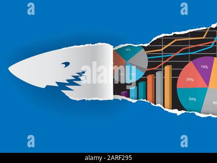 Business Shark mit Economy Graphen Papierkonzept. Shark Papier Silhouette rippen blaues Papier mit wirtschaftlichen Grafiken .Vector verfügbar. Stock Vektor