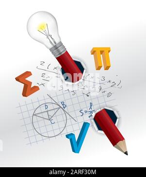 Spielerisches Mathematikkonzept. Zerrissenes Papier mit Mathematikformeln und Bleistift.Vektor verfügbar. Stock Vektor