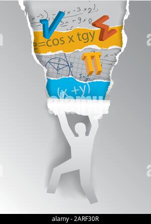 Lernen und entdecken Sie Mathematik. Menschliche Silhouette ripping Papier mit Mathematik Symbole und Notizen. Vektor verfügbar. Stock Vektor