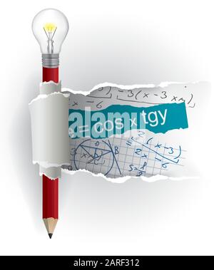 Mathematikformeln Betrügen Blätter. Weiß Zerrissenes Papier mit Mathematikformeln und Bleistift mit Glühlampe.Vektor verfügbar Stock Vektor