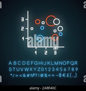 Symbol für Neonlicht mit Blasendiagramm. Streudiagramm. Präsentation zur Integration von Informationen. Darstellung der Interaktion von Segmenten. Marketing. Leuchtendes Zeichen mit Alphabet, Stock Vektor