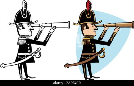 Ein Segelschiffskapitänin im Kleid gleichrangige Gleichaltrige durch ein Spyglass. Stock Vektor