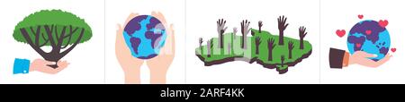 Setzen Sie die menschlichen Hände, die Erde mit der Natur halten Liebe außer Planeten Beten für australien Ökologie Umweltkonzepte Sammlung horizontale Vektordarstellung Stock Vektor