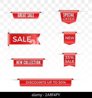 Set mit roten Farbbändern und Etiketten. Vector Discount-Banner Stock Vektor