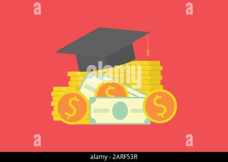 Investitionen in das Bildungskonzept. Graduiertenkollegs auf Stapelgeld und Münze. Konzept, Geld für die Geldersparnis zu sparen.Vector Illustration flaches Design Stock Vektor