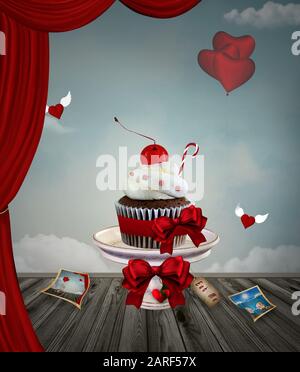 Romantische Bühne mit einem Valentinskuchen Stockfoto