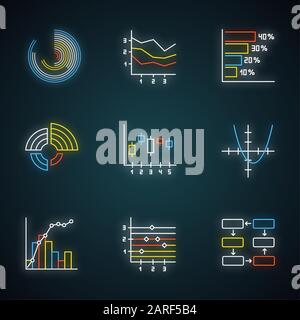 Symbole für die Neonbeleuchtung auf der Karte und in der Grafik festgelegt. Horizontales Histogramm. Flächendiagramm. Funktionskurve. Radiales Diagramm. Pareto-Kurve. Abbildung. Datenverbindung. B. Stock Vektor