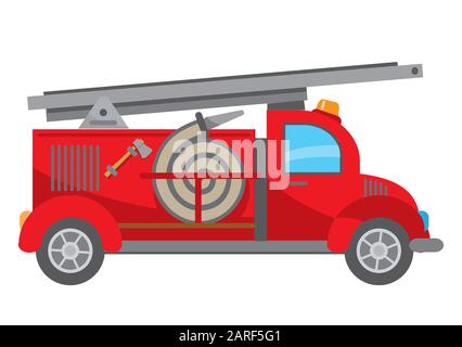 Feuer-Truck-Cartoon. Abbildung: Roter stilisierter Feuerwehrwagen. Isoliert auf weißem Hintergrund. Vektor verfügbar. Stock Vektor
