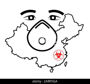 Maskieren Sie Atemschutzmaske und Karte von China. Roman Coronavirus - 2019-nCoV, WUHAN Virus-Konzept. 2019-nCoV-Text. Ausbruch des chinesischen Coronavirus. Stock Vektor