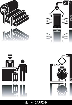 Branchentypen Schlagschatten schwarze Glyphe Symbole gesetzt. Zellstoff- und Papierherstellung. Elektronikanlage. Gastgewerbe. Tourismus. Schiffbau. Dockya Stock Vektor