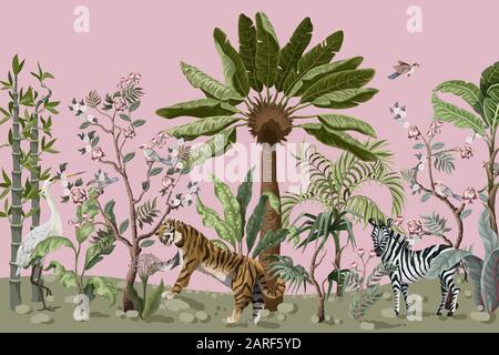 Muster im chinoiserie-Stil mit Tiger-, Reiher- und Dschungelbäumen. Stock Vektor