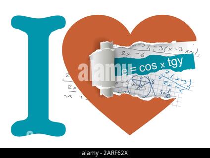 Ich liebe Mathematik. Zerrissenes Papierherz mit Mathematikformeln.Vektor verfügbar. Stock Vektor