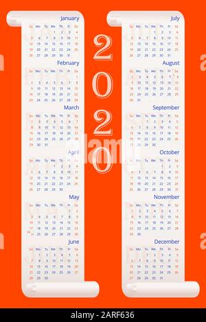 Roter Wandkalender 2020 auf hellen Gradientenparchments mit Platz für Logo, Firmenname, Website. Sonntags rot markiert. Englischer Planer. Vektor Stock Vektor