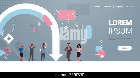Geschäftsleute, die frustriert sind, dass der wirtschaftliche Pfeil nach unten die Finanzkrise abfällt, pleite das Anlagerisiko-Konzept Mix-Rennen betonte, dass die Mitarbeiter horizontal in voller Länge stehen, kopieren Sie die Vektorgrafiken Stock Vektor