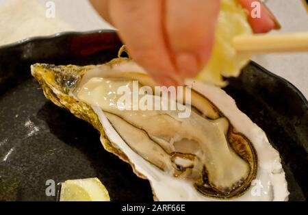 Austern ist ein Muscheln wie Schalentiere. Es ist schlank-aber schmackhaft, dass Briny Morsels überall Delikatessen sind. Hokkaidos Austern gehören zu den besten. Stockfoto