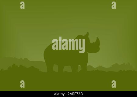 Rhino im Hintergrund des Waldes. Vektorgrafiken. Tiere aus der Tierwelt. Grünes Bild ist ein flacher Stil. Stock Vektor
