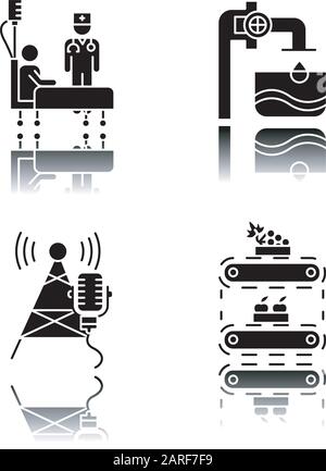 Branchentypen Schlagschatten schwarze Glyphe Symbole gesetzt. Gesundheitswesen. Wasserversorgung. Rundfunk, Telekommunikation. Obstversorgung. Klinik, medizinisch he Stock Vektor