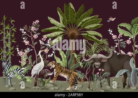 Muster im chinoiserie-Stil mit Tiger-, Reiher- und Dschungelbäumen. Stock Vektor