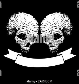 Zwei Schädel mit Farbband für Text. Abbildung der Vektorhandzeichnung Stock Vektor