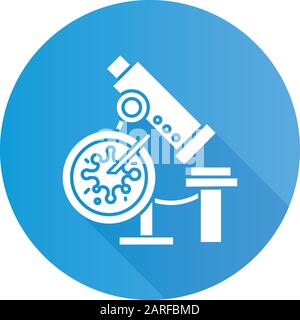 Infektionstest blaues flaches Design langes Schatten-Glyphe-Symbol. Medizinischen Verfahren. Blutkulturtest. Mikroskop mit Probe. Krankheitsuntersuchung. Hämatologie Stock Vektor