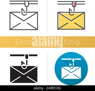 E-Mail-Spoofing-Symbol. Unrechtmäßige Geschäfte. Gefälschter Absender. Spamming. Gefälschter E-Mail-Header. E-Mail-Phishing. Cyberkriminalität. Flaches Design, linearer und farbiger Stil Stock Vektor