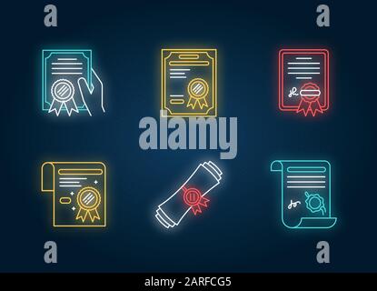 Zertifikate Neon-Licht-Symbole festgelegt. Apostille und Legalisierung. Diplom. Beglaubigte Dokumente. Lizenz. Bildung. Achivement. Schilder mit außen glühenden e Stock Vektor