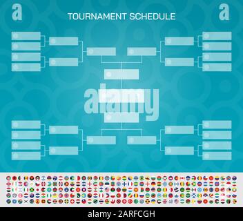 Spielplan des Fußballspiels. Turniertabelle für Gruppen und Teams. Fußball-Pokalfinale mit allen Nationalflaggen der Welt. Vektorgrafiken. Stock Vektor