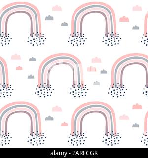 Kindliches, nahtloses Muster mit handgezeichneter Regenbogenform und Punkten Stock Vektor
