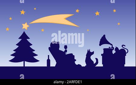 Weihnachts-Cartoon-Illustration - der Mensch hört Musik von einem Phonographen, in der Nähe einer Katze und eines Hundes, eines Baumes, von Sternen/einzelnen Objekten auf separaten Ebenen Stock Vektor