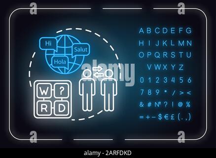 Symbol für das Konzept von Neon-Licht in der Sprache. Wissen über Fremdsprechen Idee Thin Line Illusionidea. Äußeres leuchtendes Zeichen mit Alphabet, Zahlen und Symbo Stock Vektor
